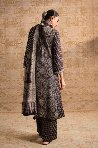 Riyal Ajrakh Hand-block Printed Silk Suit Set - Black, Black, image 2