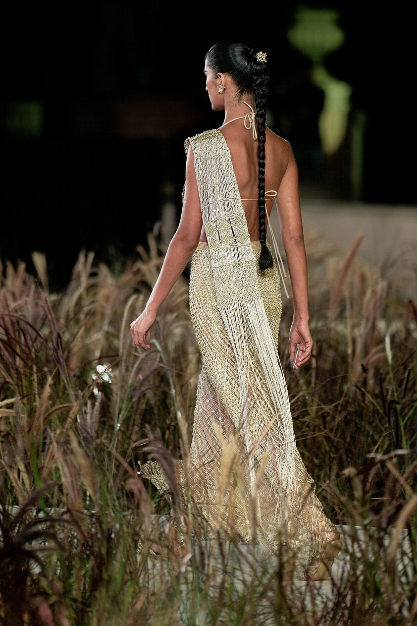 Kimbra Macrame Pre-draped Saree - Gold, Gold, image 2