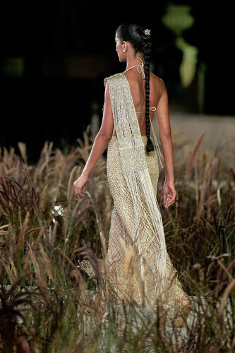 Kimbra Macrame Pre-draped Saree - Gold, Gold, image 2