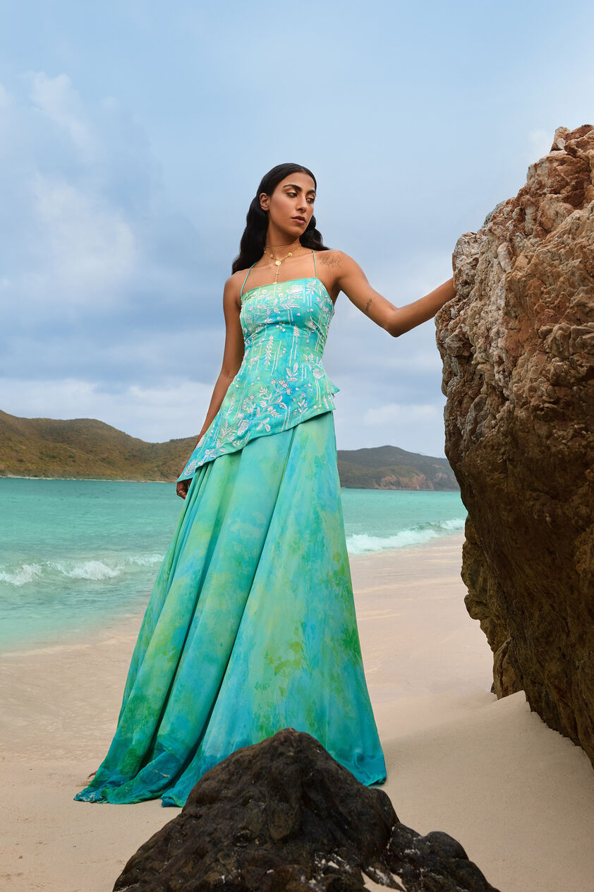 Cadenza Georgette Asymmetrical Skirt Set - Aqua, Aqua, image 6