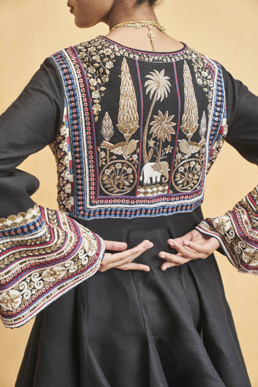 From The Wilderness Embroidered Zardozi Silk Dress - Black, Black, image 6