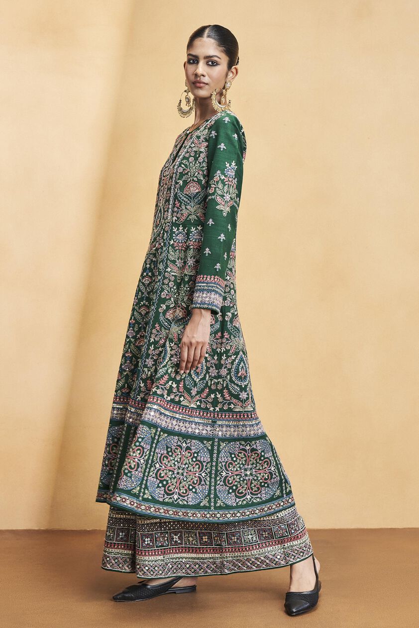 Serenade Of The Trees SEWA Hand-embroidered Silk Kurta Set - Green, Green, image 2
