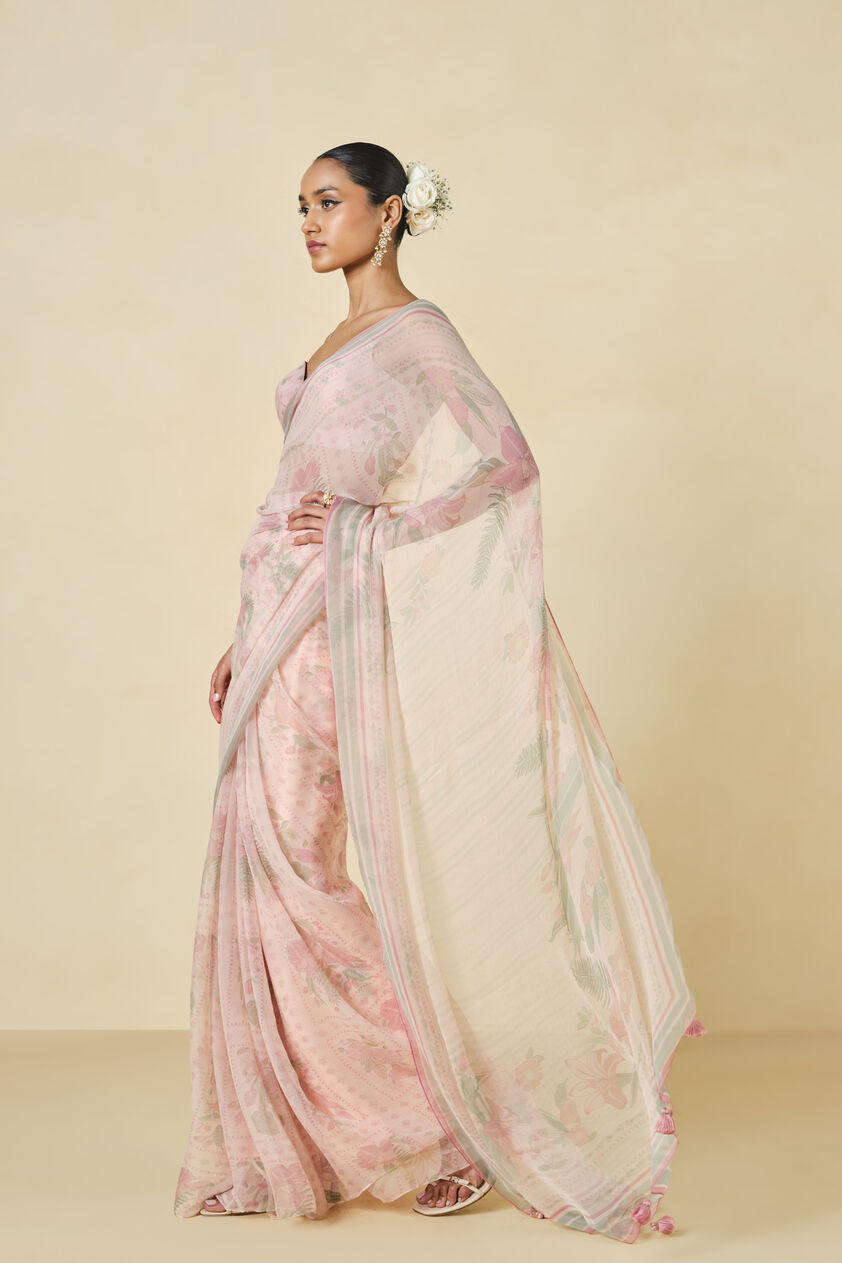 Maritza Printed Chiffon Saree - Blush, Blush, image 3