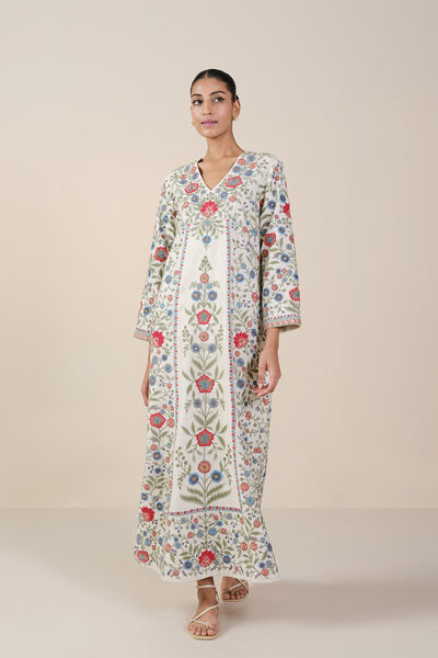 Galaxy of Flowers Embroidered Matka Silk Kaftan - White