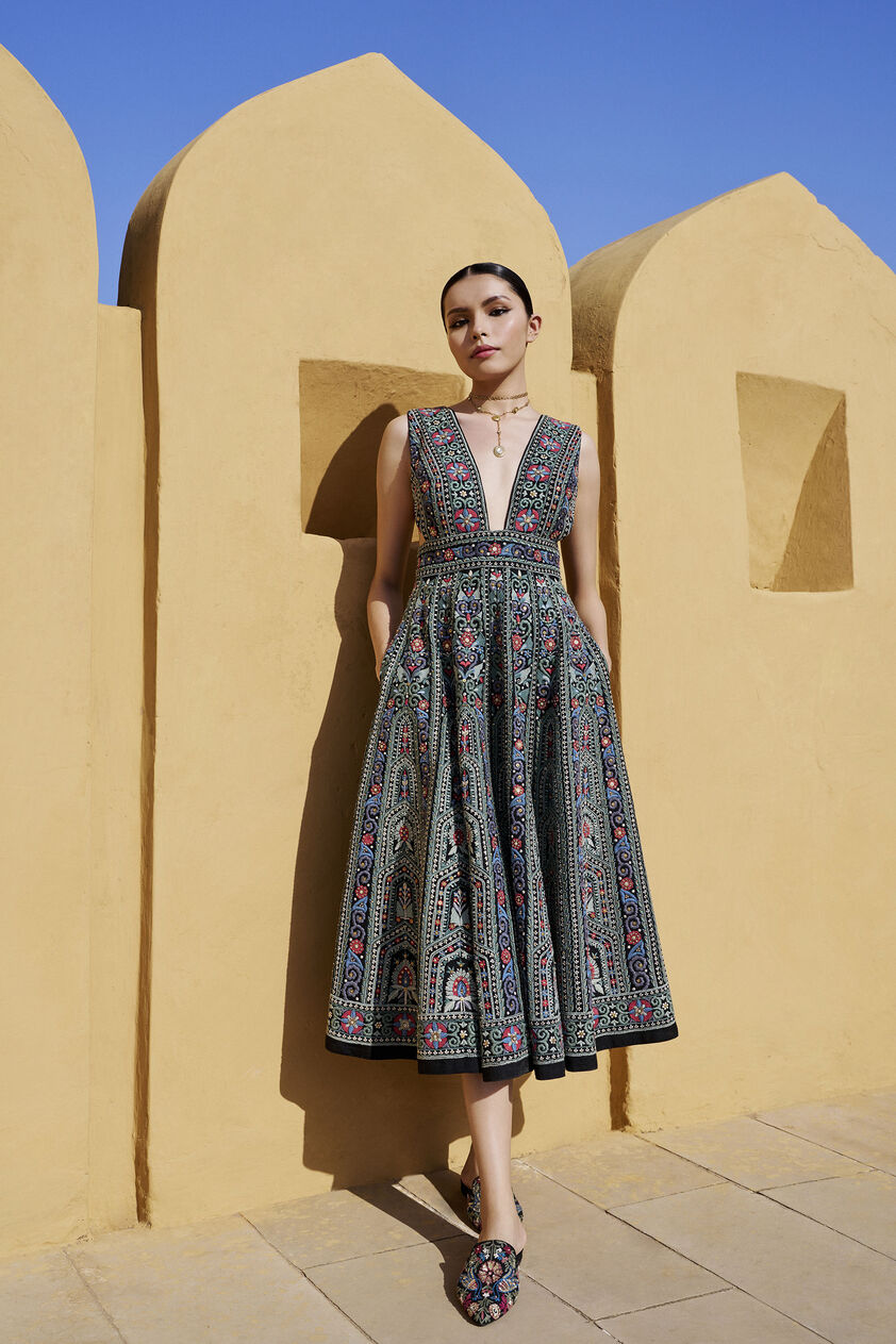 Moonlit Melody Embroidered Zardozi Silk Dress - Black, Black, image 1