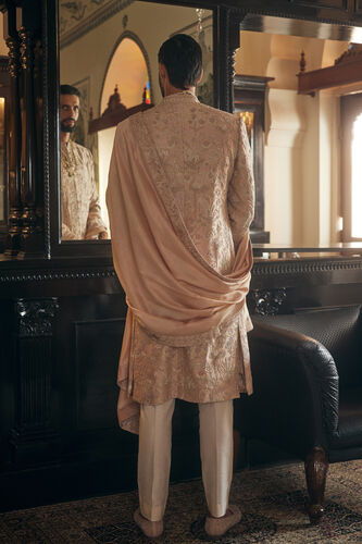 Mahanil Embroidered Silk Sherwani - Champagne, Champagne, image 2