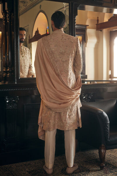 Mahanil Embroidered Silk Sherwani - Champagne