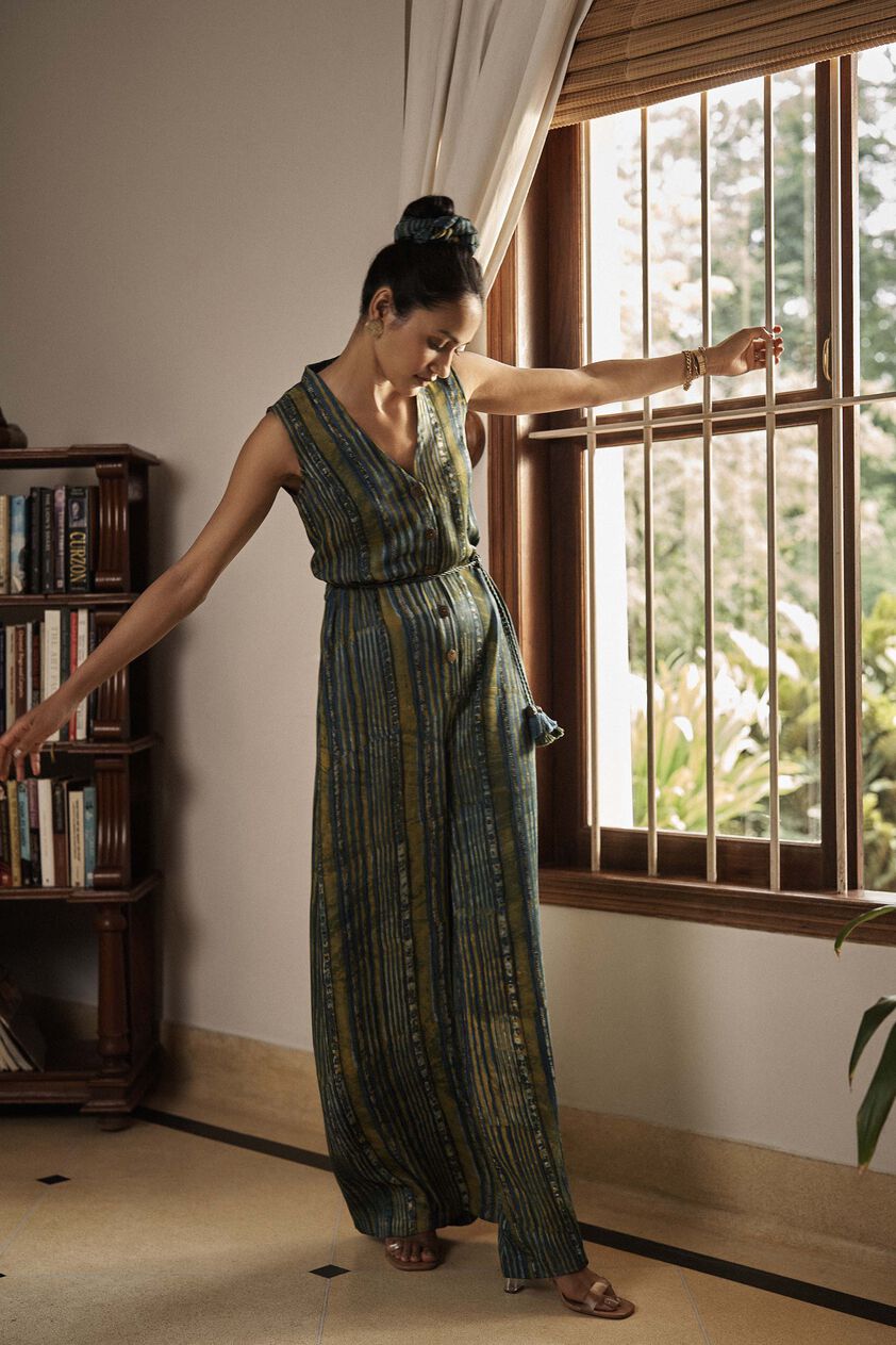 Ease Hand-block Printed Tassel Jumpsuit - Green, Green, image 1