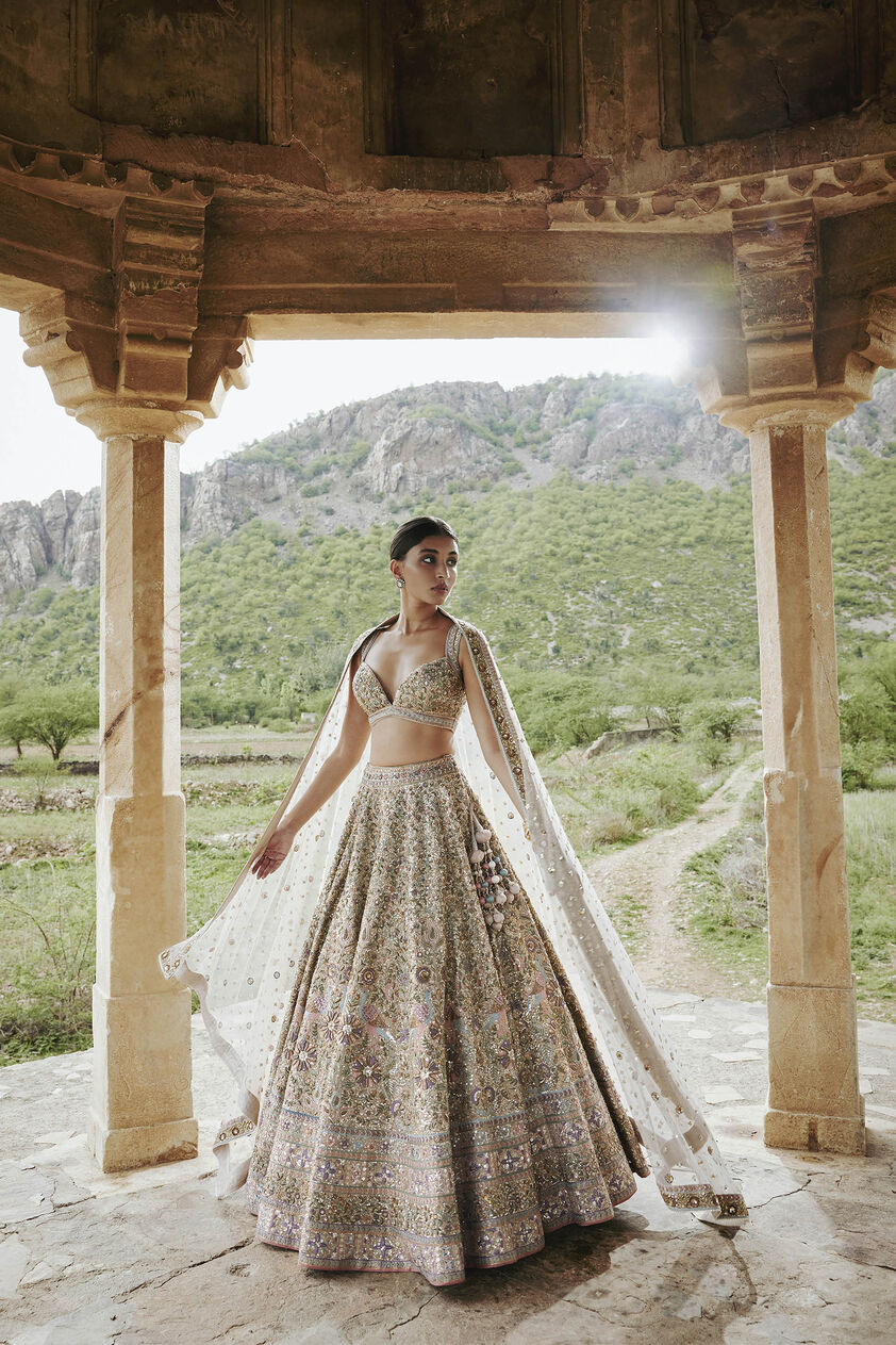 Mridhini Zardozi & Resham Silk Lehenga - Beige, Beige, image 2